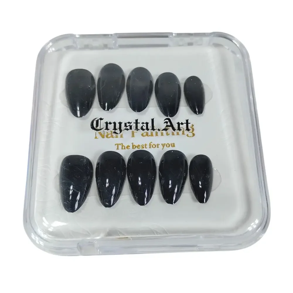 Press On Nails Last Long Onyx Black Short Almond Soft Gel and Super Hold Glue